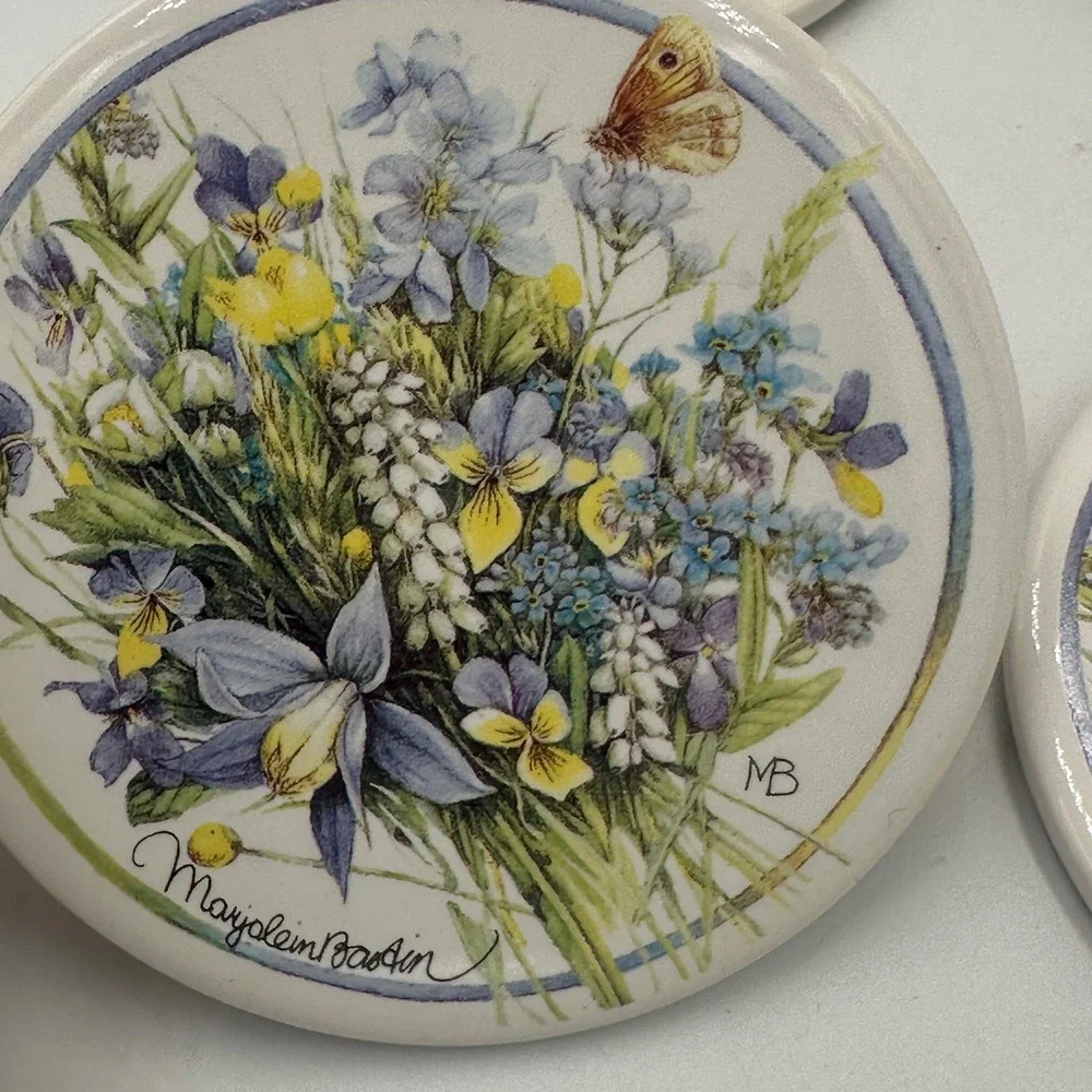 VTG Marjolein Bastin Coasters Set 4 Multicolor Floral Ceramic Cork Nature Art